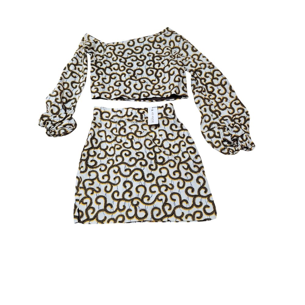 NWT Ace Kouture Womens One Shoulder Long Sleeve Patterned Top Skirt Matching Set - Picture 1 of 9